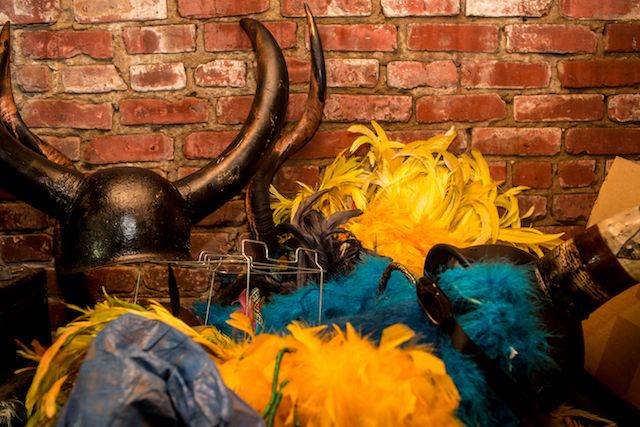 Stacks of Jab Jab gear including horned helmets and feather boas fill Duran's backyard shed. Much of it will be used again during this year's J'Ouvert.